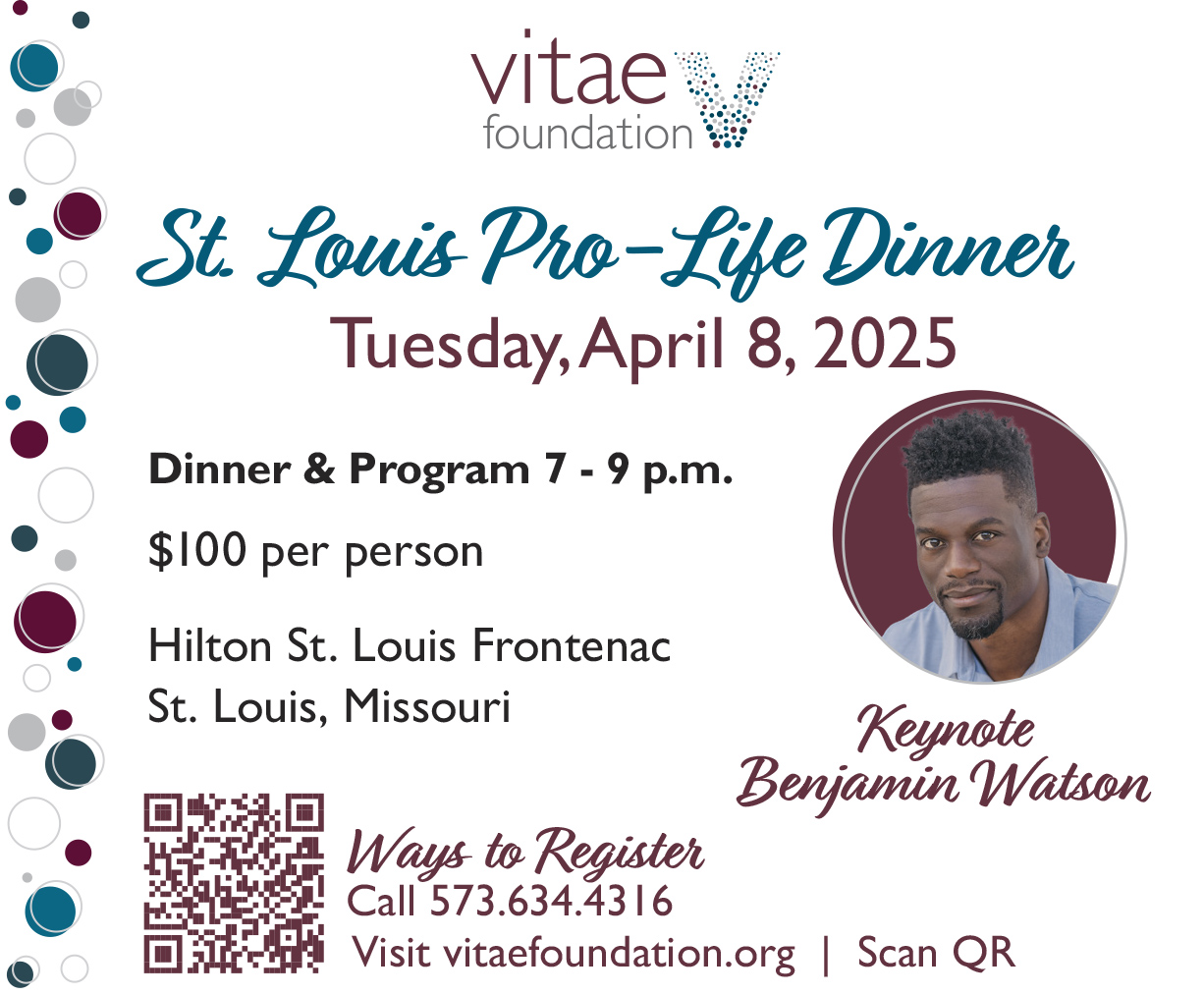 Vitae Foundation St. Louis Pro-Life Dinner, Tuesday, April 8, 2025. Cost is $100 per person.